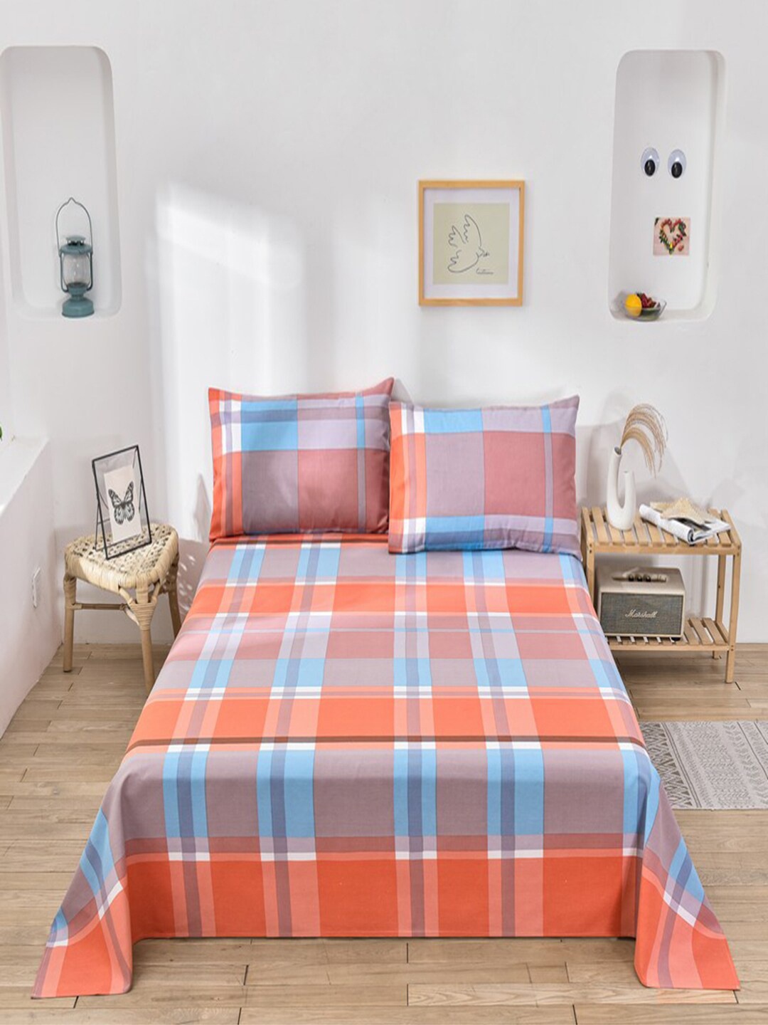 

JC HOME Orange & Blue Geometric 160 TC King Bedsheet With 2 Pillow Covers
