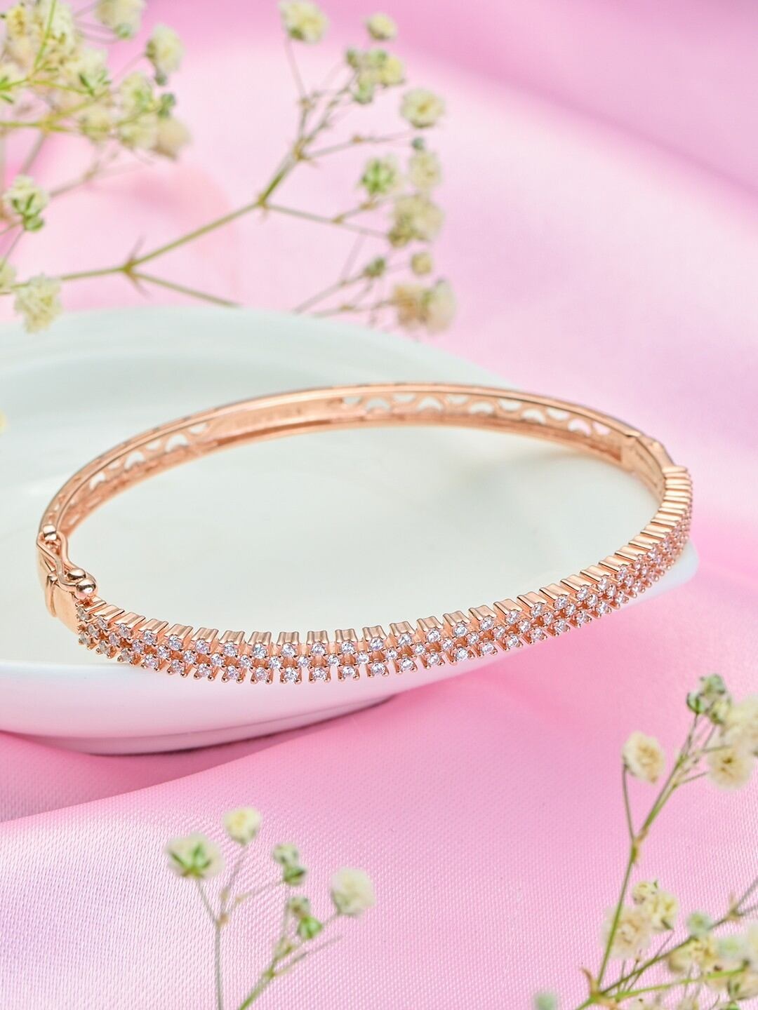 

Zavya Women Sterling Silver Cubic Zirconia Rose Gold-Plated Cuff Bracelet