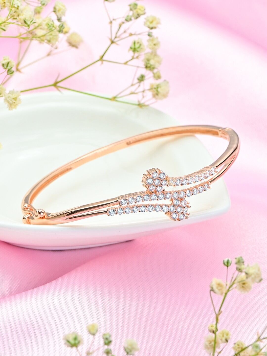

Zavya Women Sterling Silver Cubic Zirconia Rose Gold-Plated Cuff Bracelet