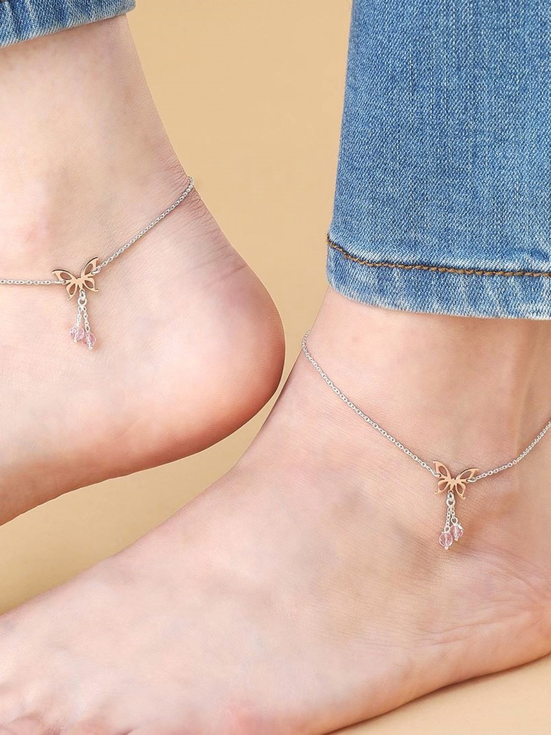 

Zavya Set Of 2 Sterling Silver Rose Gold-Plated Anklet, Multi