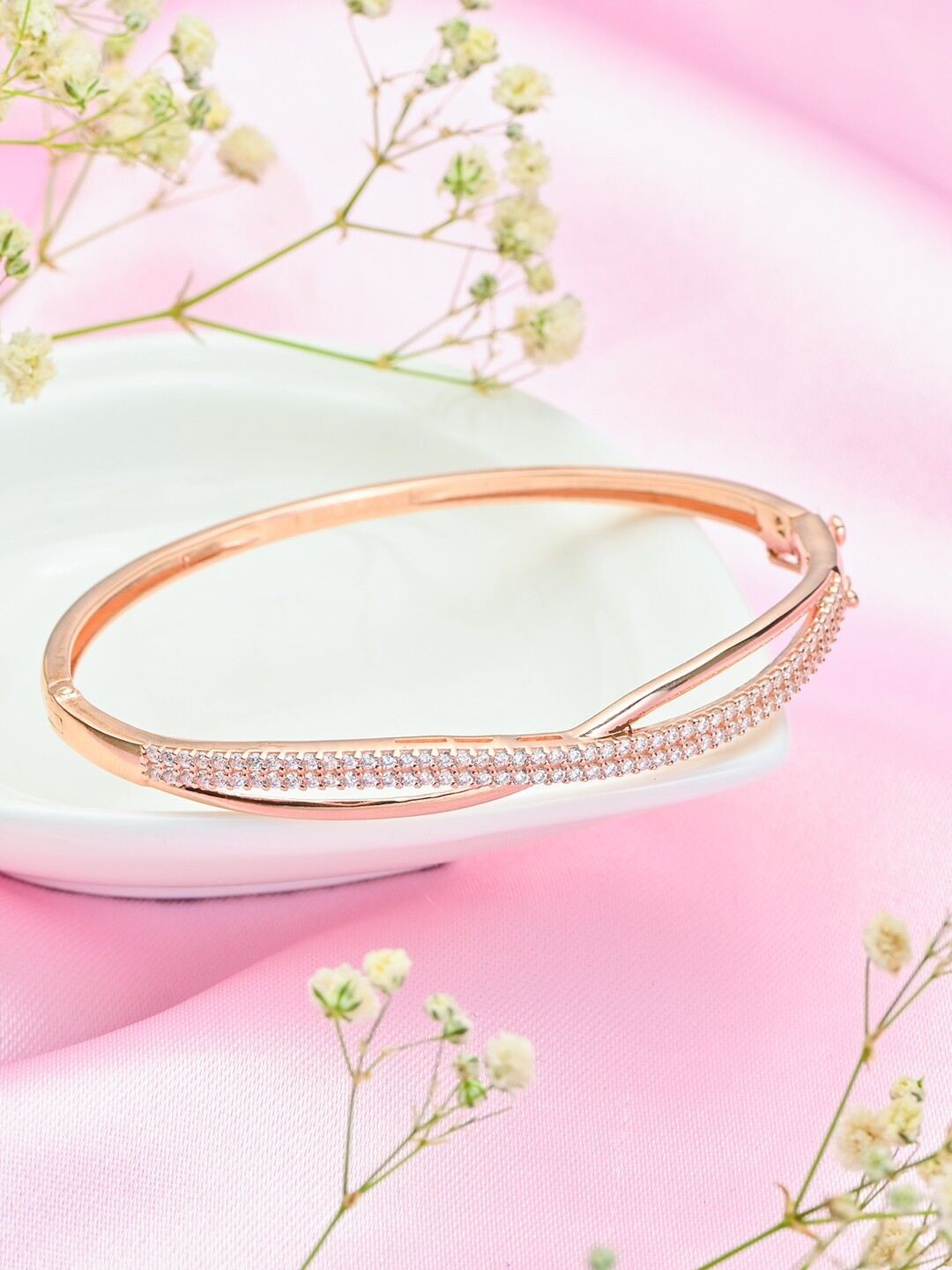 

Zavya Women Sterling Silver Cubic Zirconia Rose Gold-Plated Cuff Bracelet