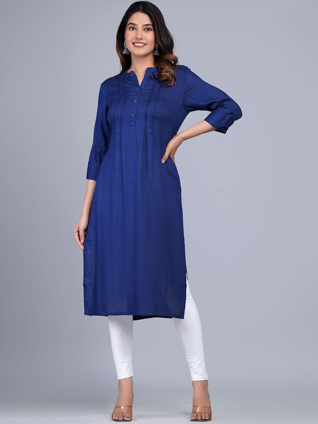 

The Kurta Express Pleated Mandarin Collar A-Line Kurtas, Navy blue