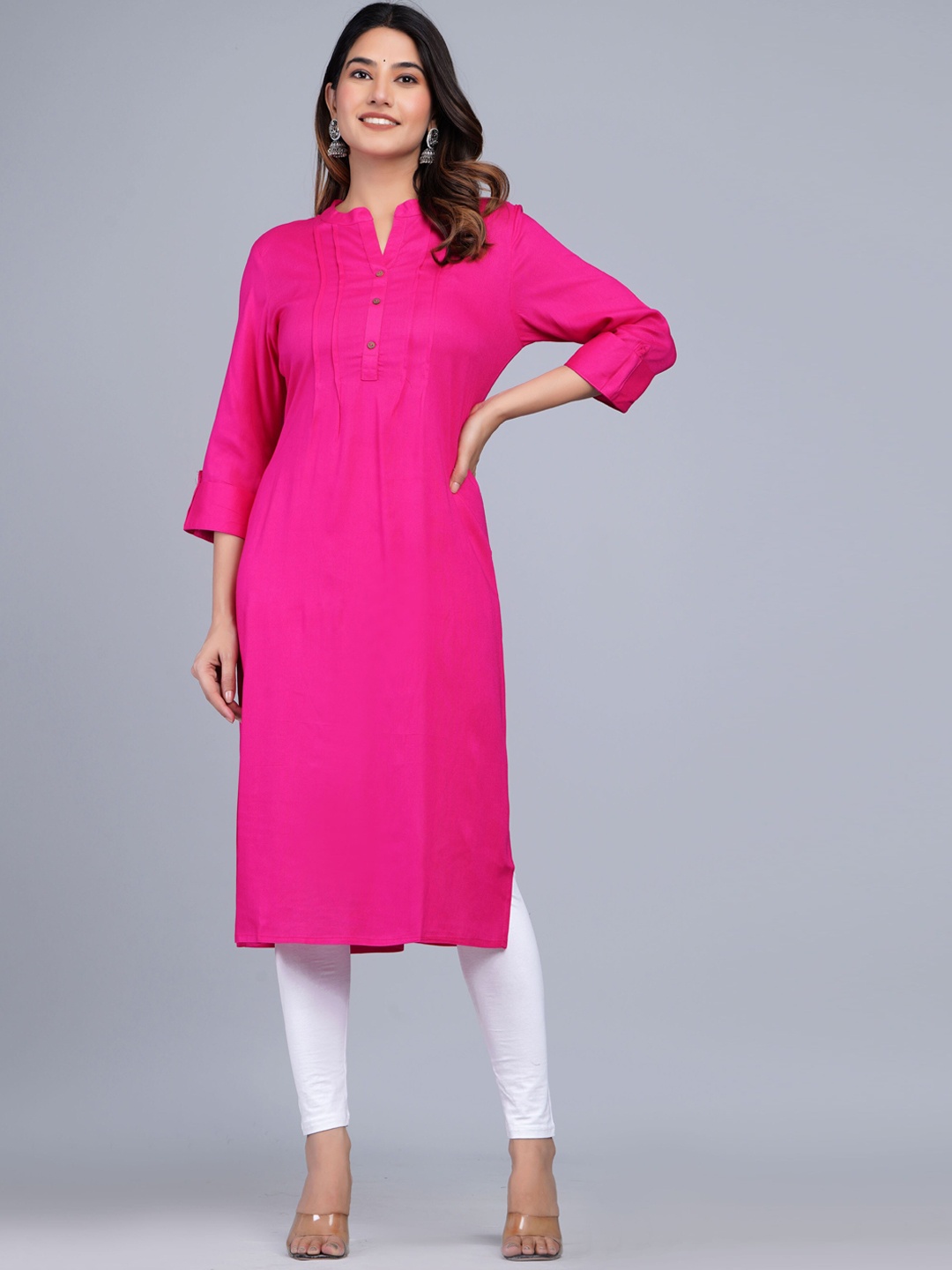 

The Kurta Express Mandrain Collar Pleated Kurta, Pink