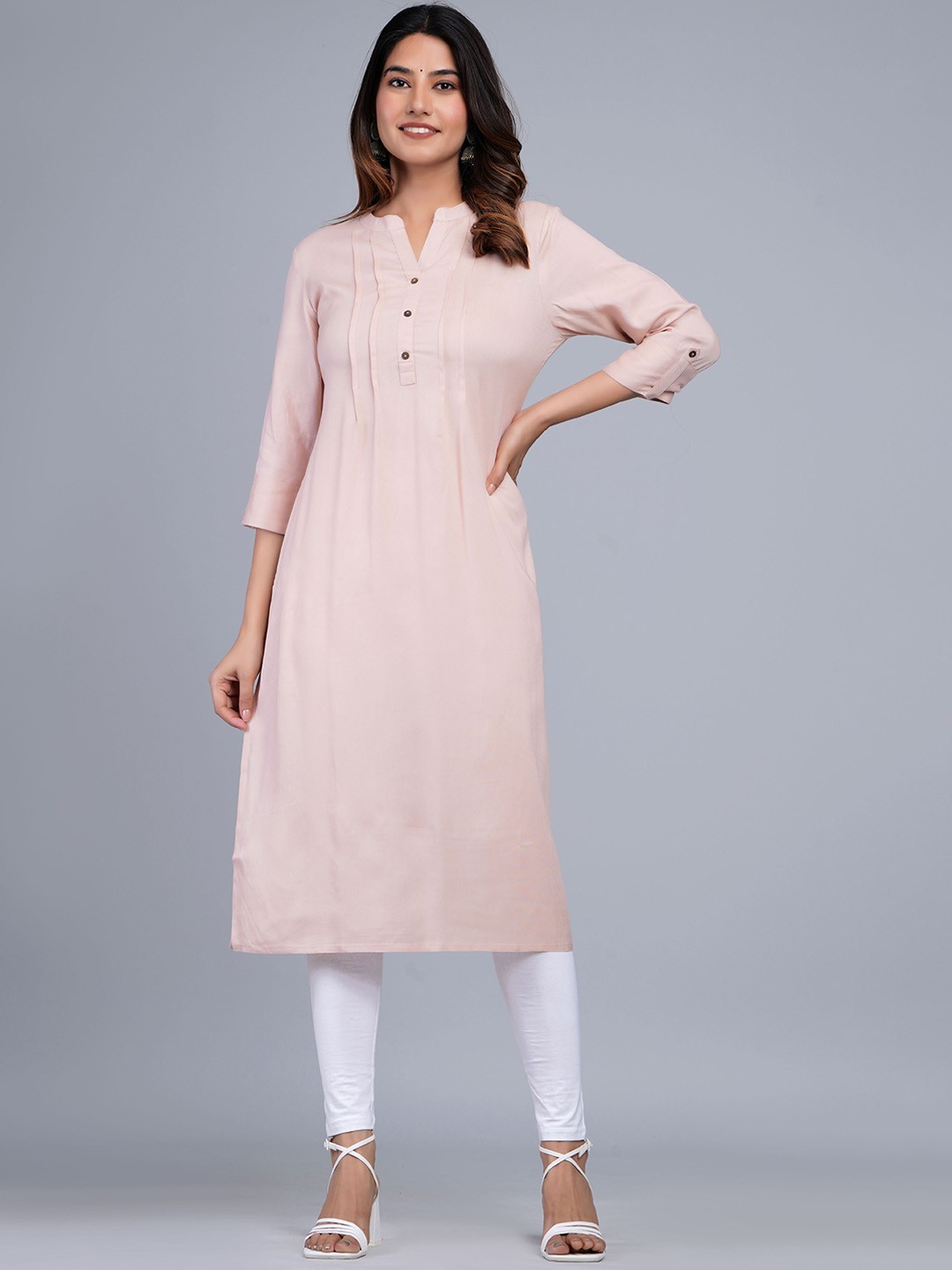 

The Kurta Express Mandrain Collar Pleated Kurta, Beige