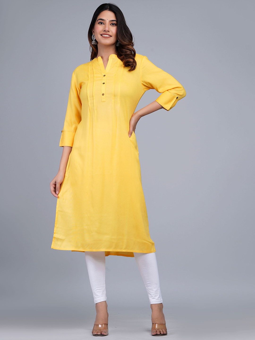 

The Kurta Express Mandrain Collar Pleated Kurta, Yellow