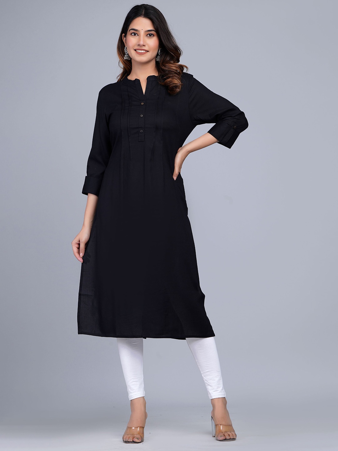 

The Kurta Express Mandarin Collar Pleated Straight Kurta, Black