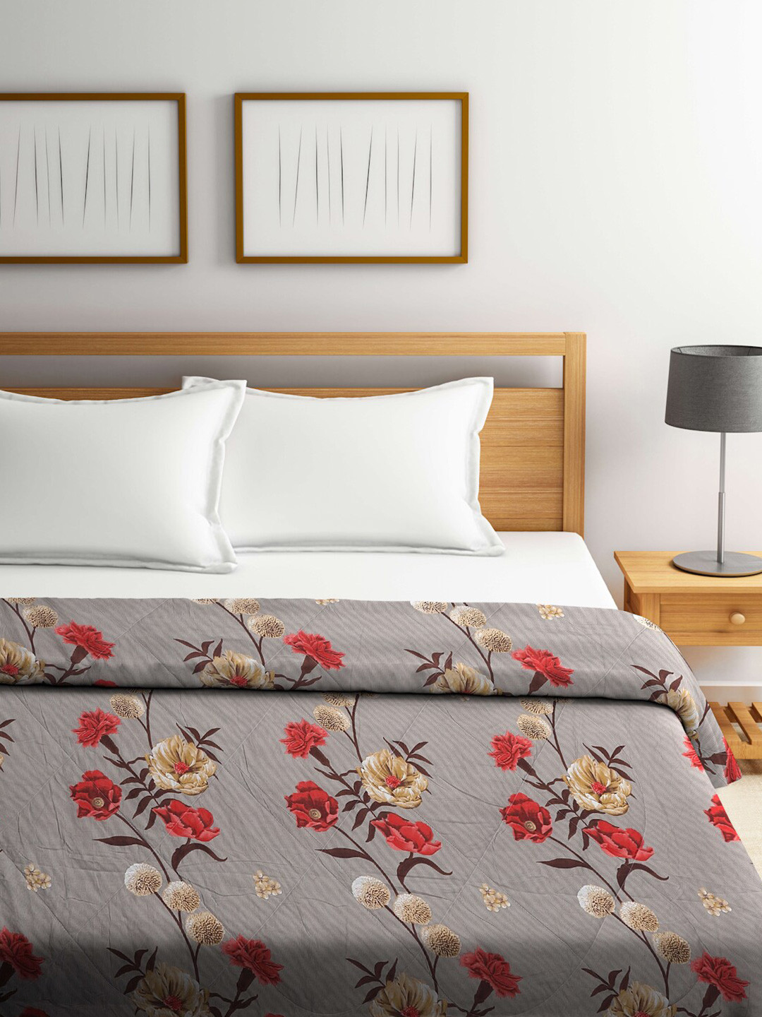 

FABINALIV Beige & Red Floral AC Room 400 GSM Double Bed Comforter