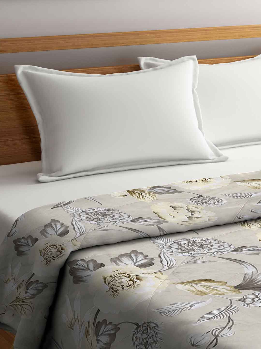 

FABINALIV Cream-Coloured & Grey Floral AC Room 400 GSM Double Bed Comforter