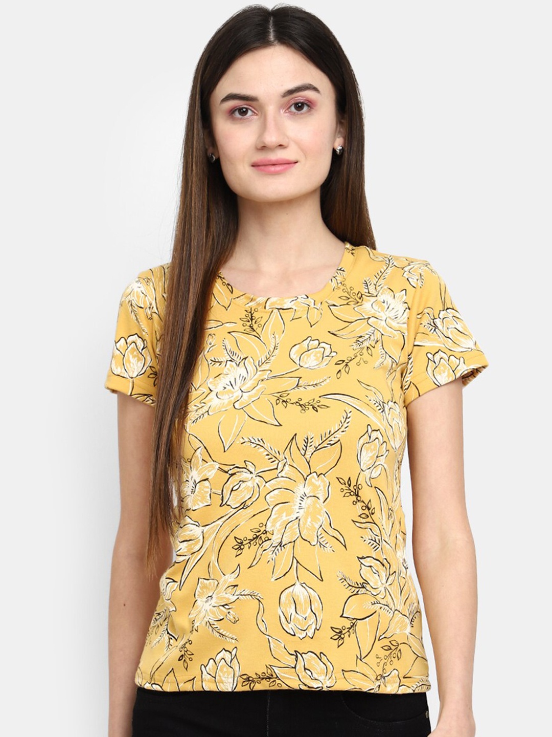 

V-Mart Floral Printed Round Neck Cotton T-Shirt, Yellow
