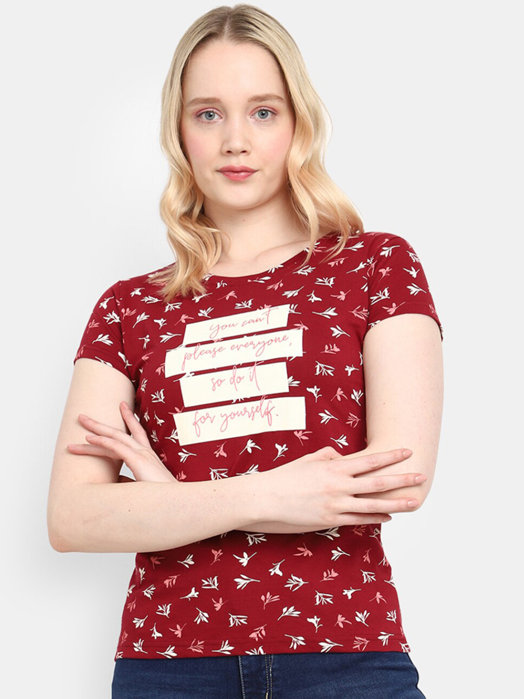 

V-Mart Floral Printed Cotton T-shirt, Maroon