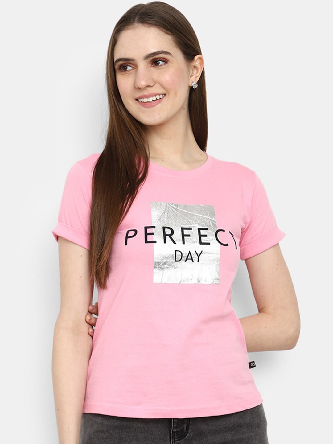 V-Mart Typography Printed Round Neck Cotton T-shirt, Pink