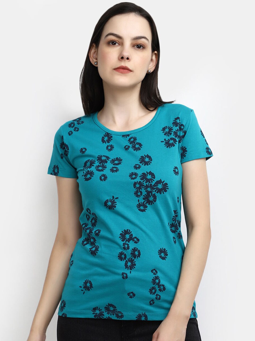 

V-Mart Floral Printed Round Neck Cotton T-Shirt, Teal