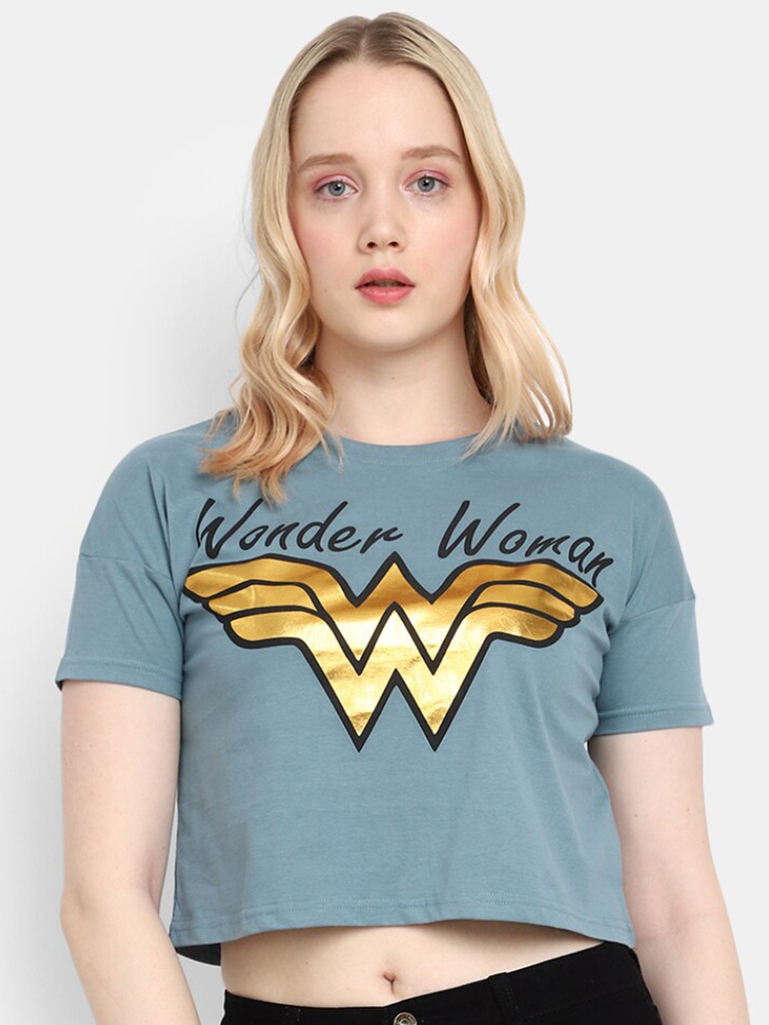 

V-Mart Wonder Women Printed Oversized Cotton Crop T-shirt, Blue