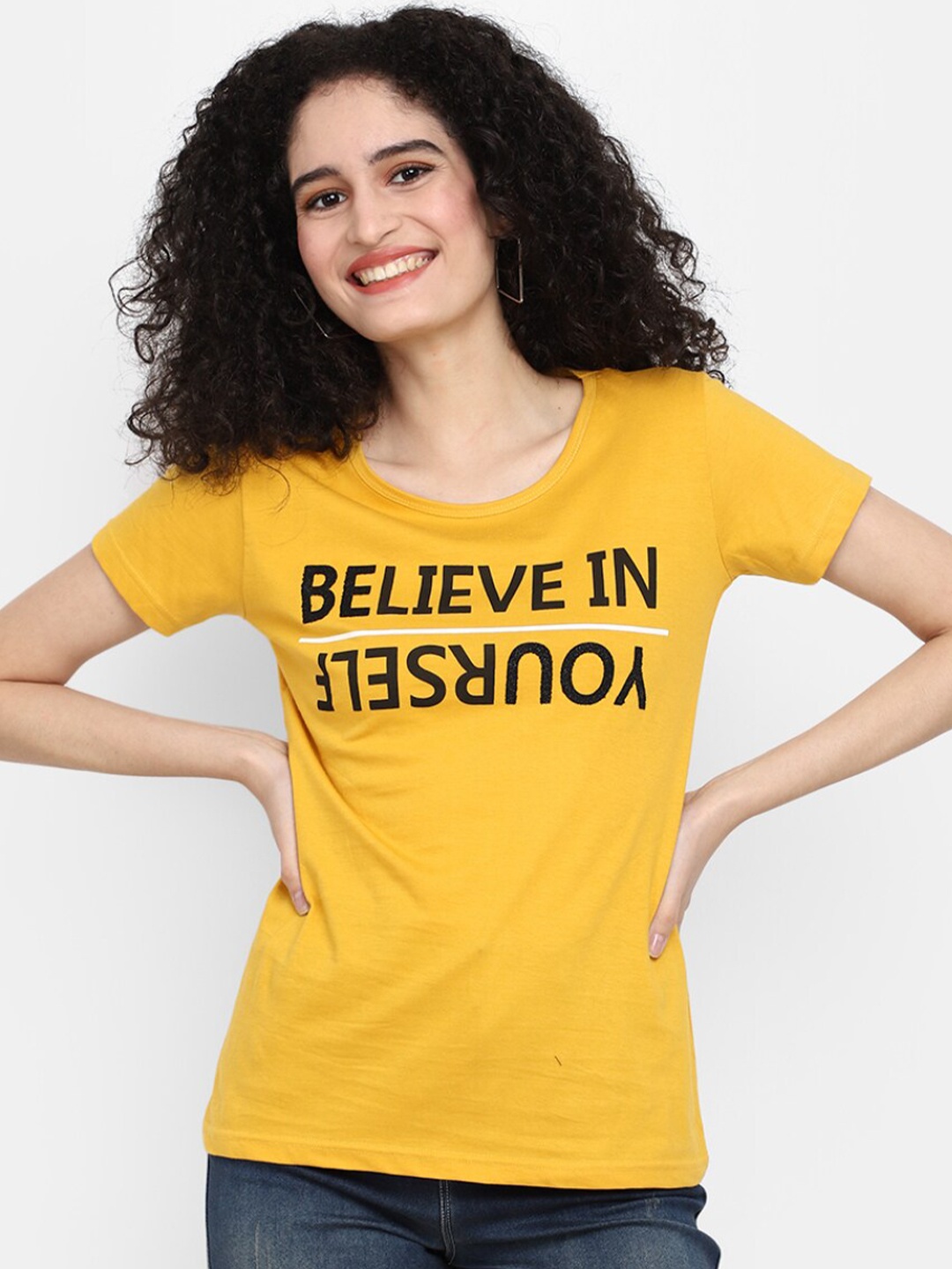 

V-Mart Typography Printed Round Neck Cotton T-Shirt, Mustard