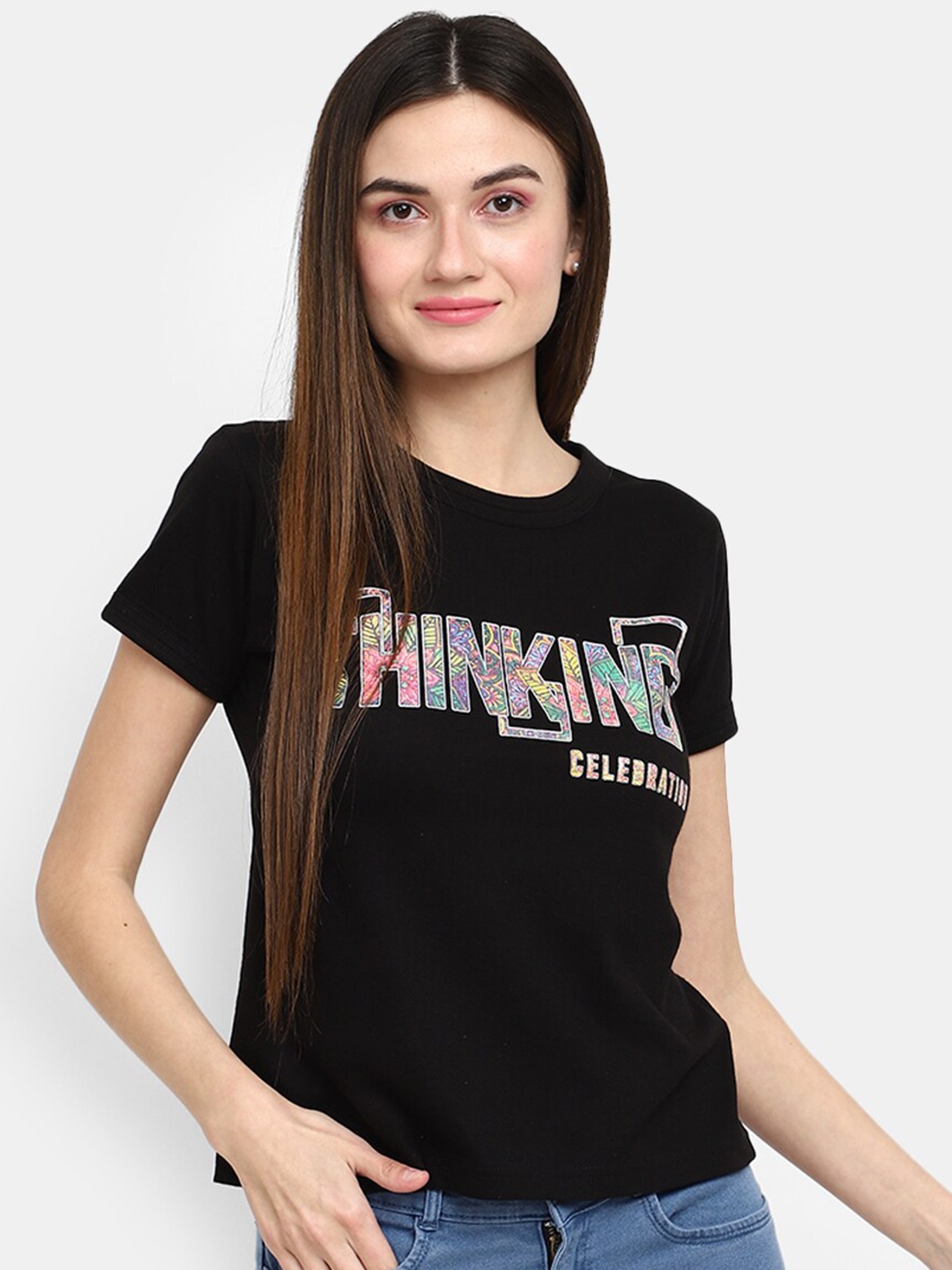 

V-Mart Typography Printed Round Neck Cotton T-shirt, Black