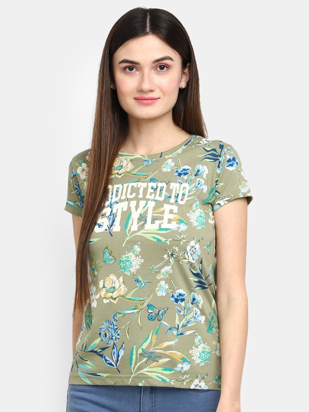 

V-Mart Green Floral Printed Extended Sleeves Cotton T-shirt
