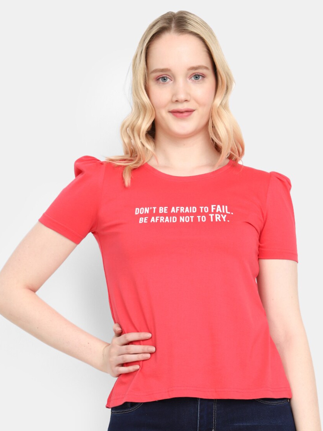

V-Mart Typography Printed Puff Sleeve Cotton T-shirt, Pink