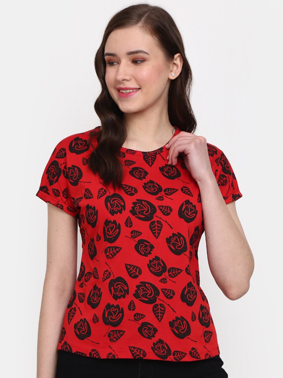 

V-Mart Floral Printed Cotton T-shirt, Red