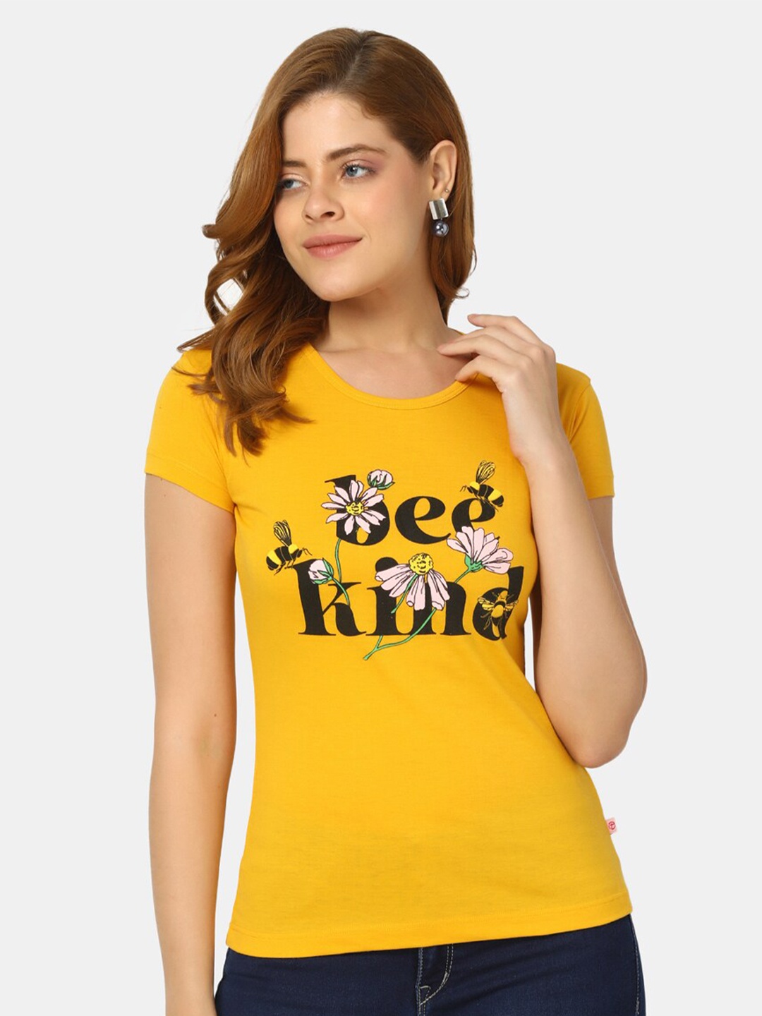 

V-Mart Typography Printed Cotton T-shirt, Mustard