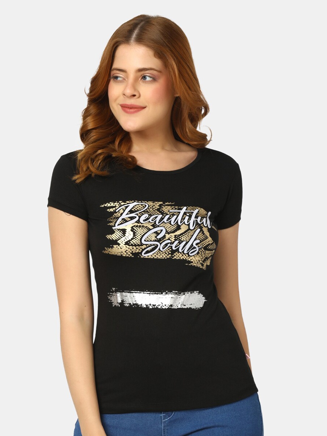 

V-Mart Typography Printed Round Neck Cotton T-Shirt, Black