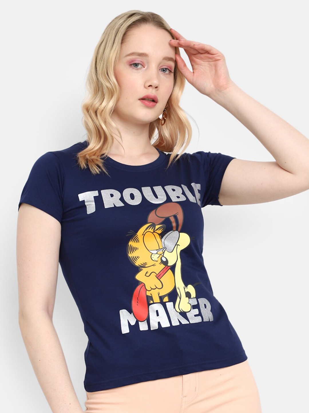 V-Mart Graphic Printed Cap Sleeve Cotton T-shirt, Blue