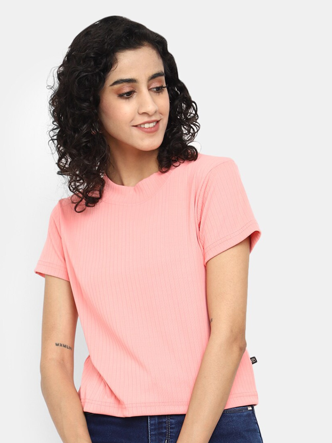 

V-Mart High Neck Rib Loose Fit T-shirt, Pink
