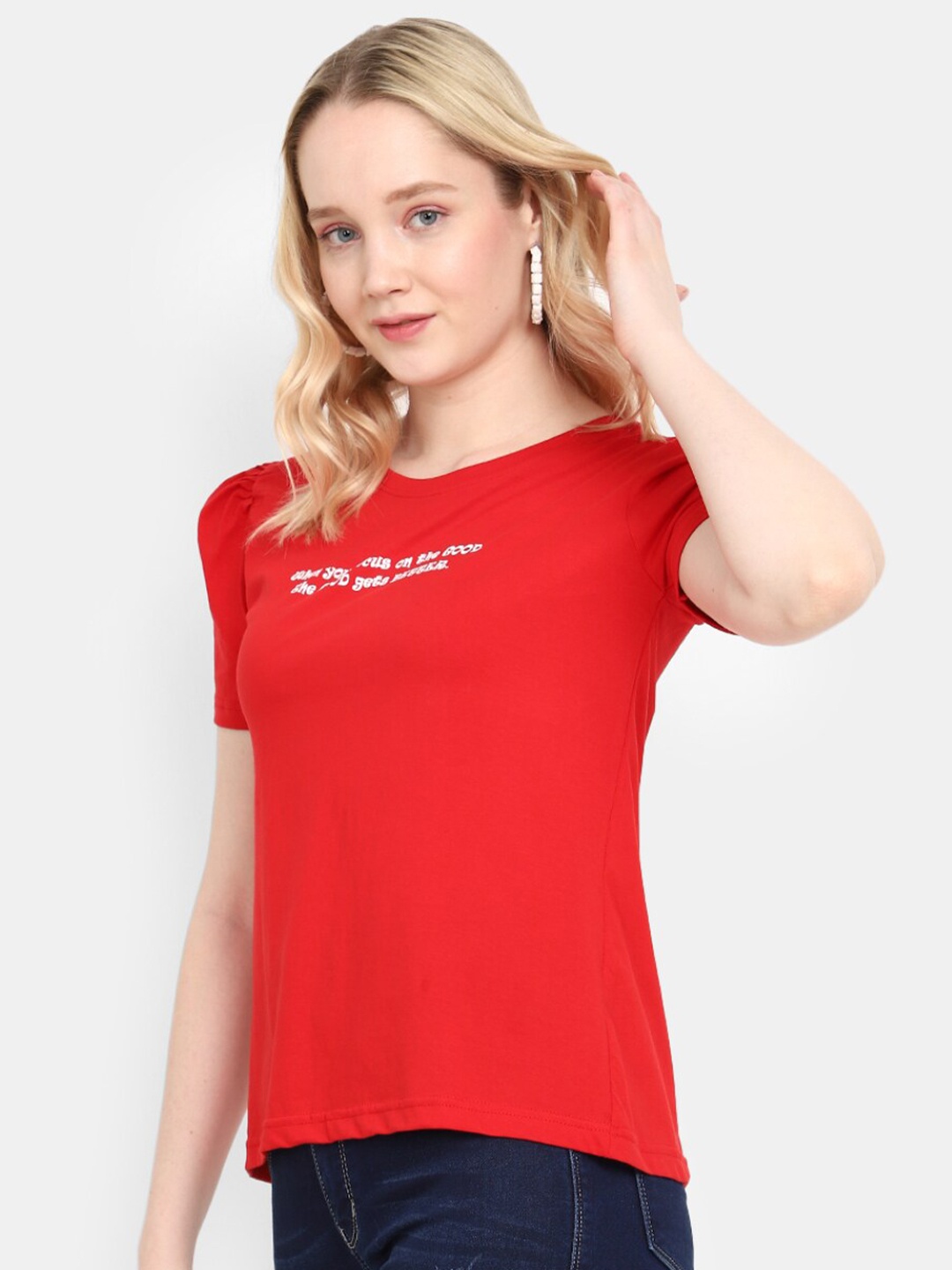 

V-Mart Typography Printed Puff Sleeves Cotton T-shirt, Red