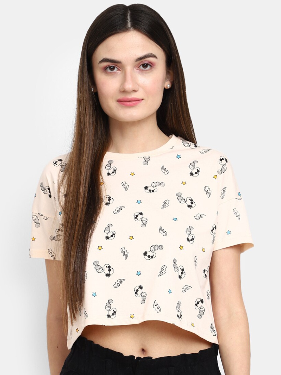 

V-Mart Conversational Printed Crop Boxy T-shirt, Pink