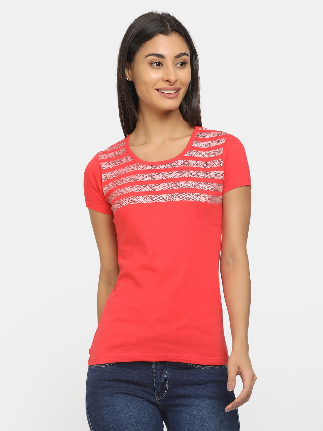 

V-Mart Women Red Striped Pockets T-shirt