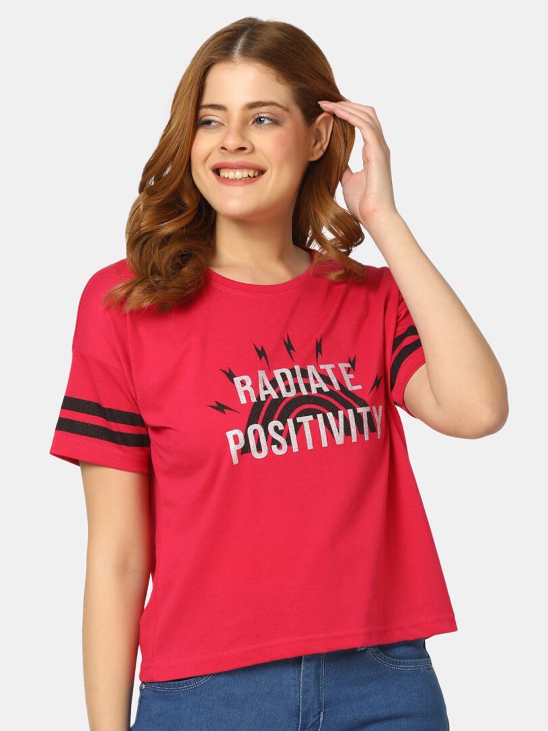

V-Mart Typography Printed Round Neck Cotton T-shirt, Pink