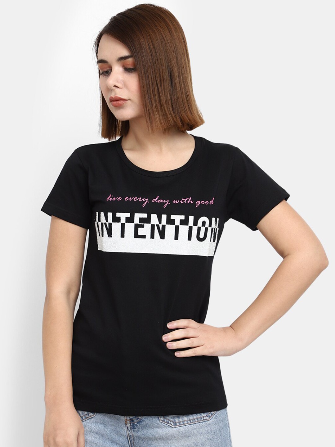 

V-Mart Typography Printed Cotton T-shirt, Black