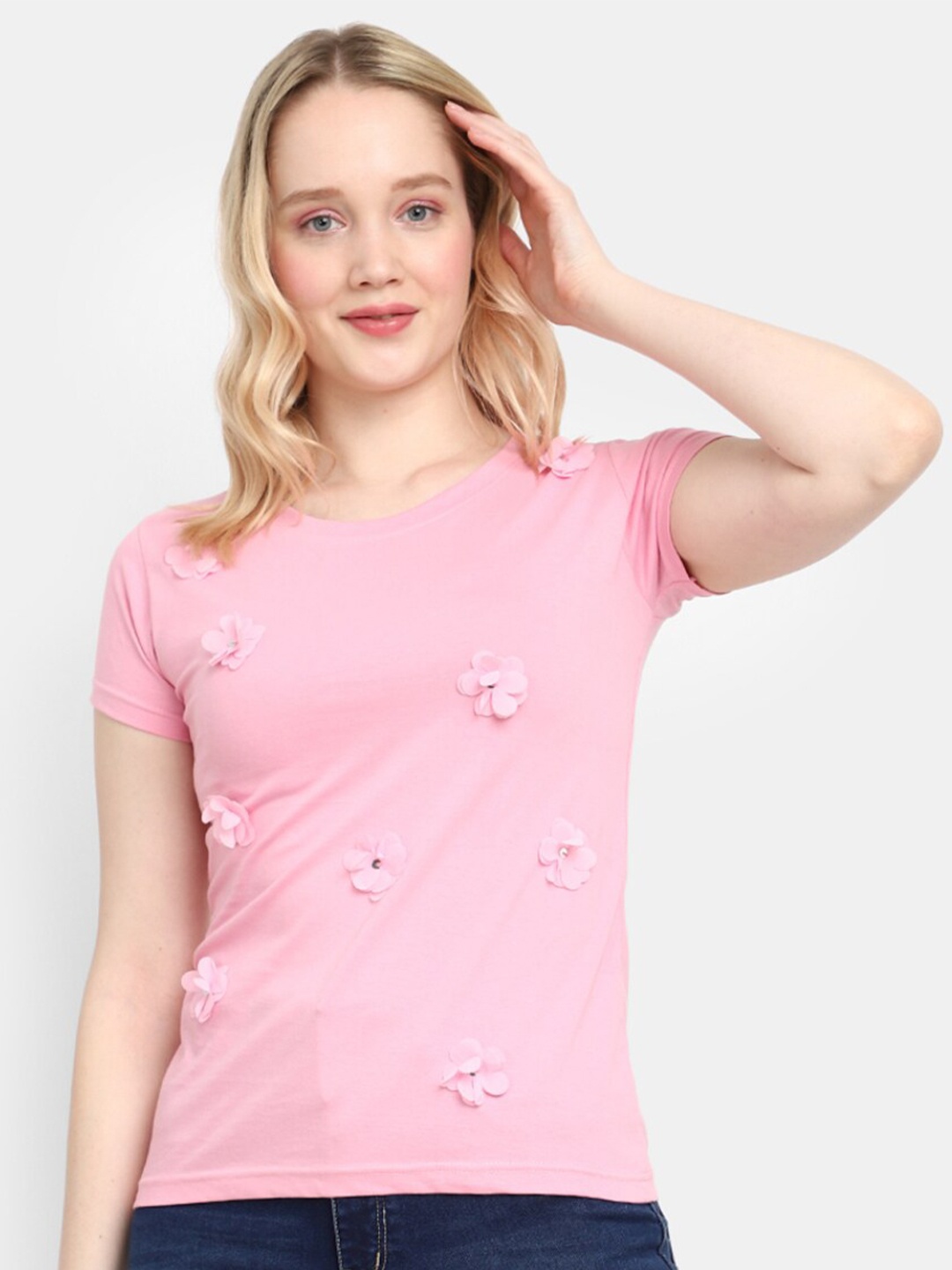 

V-Mart Embellished Round Neck Cotton T-shirt, Pink