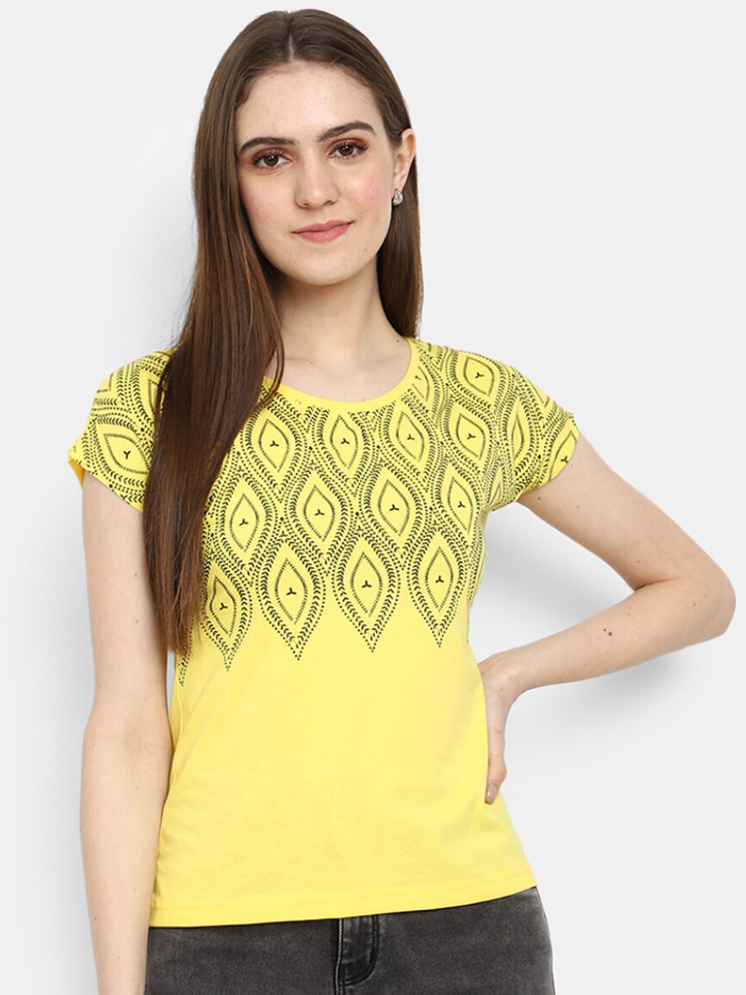 

V-Mart Geometric Printed Round Neck Cotton T-shirt, Yellow