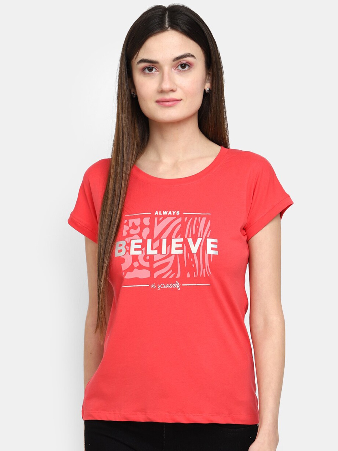 

V-Mart Typography Printed Cotton T-shirt, Coral