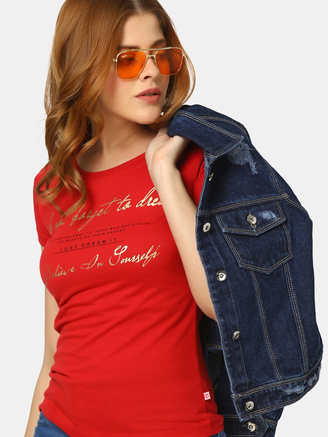 

V-Mart Women Red Typography V-Neck Extended Sleeves T-shirt