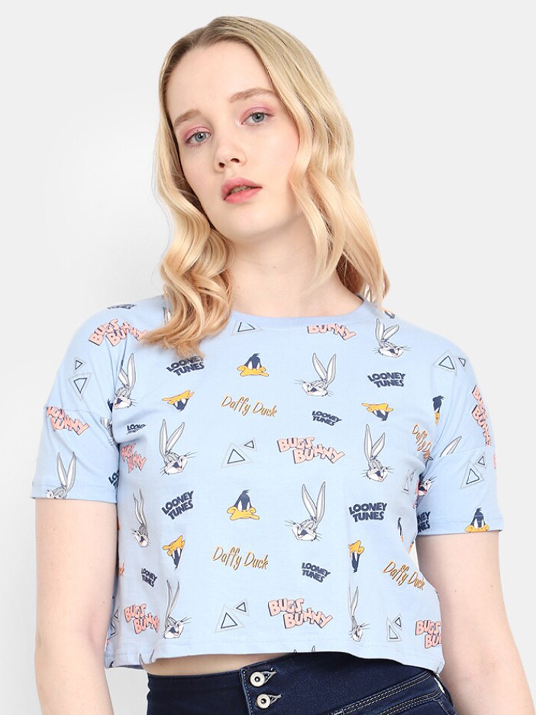 

V-Mart Conversational Printed Oversized Cotton Crop T-shirt, Blue