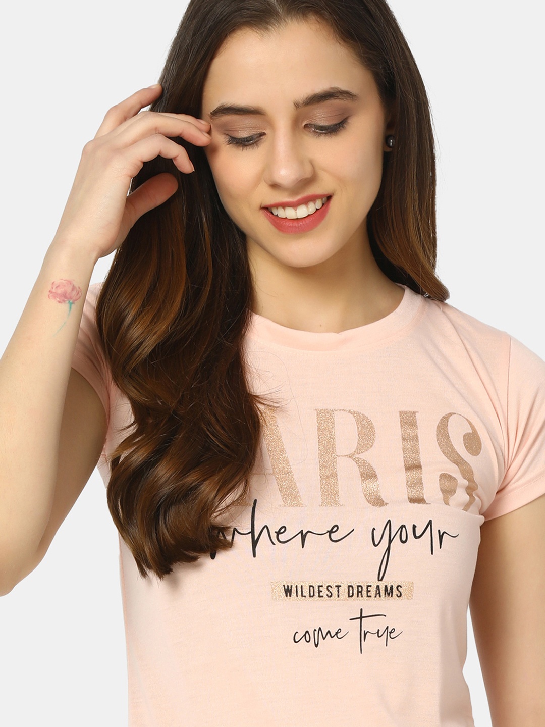 

V-Mart Women Pink Typography Applique T-shirt