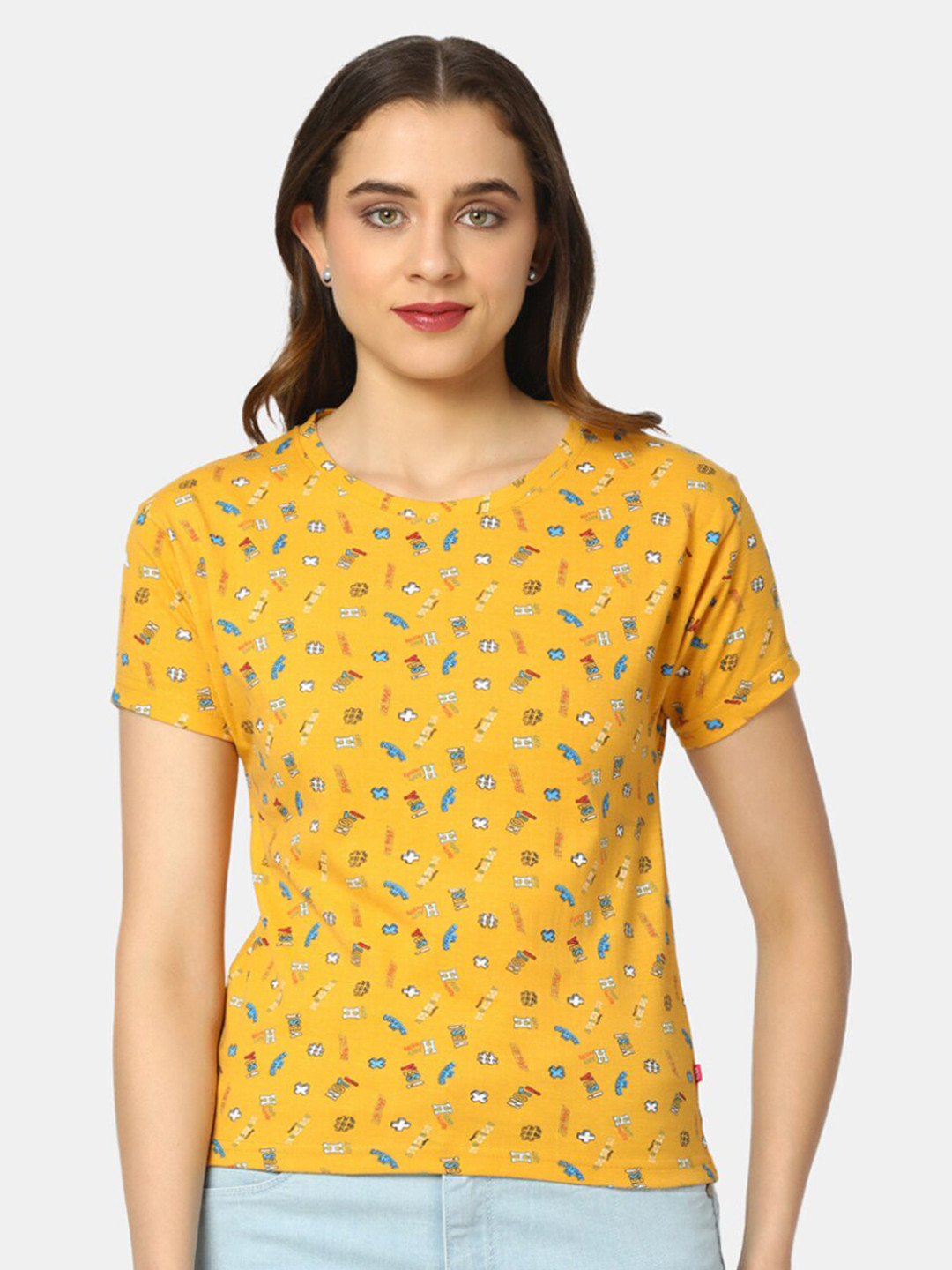 

V-Mart Floral Printed Conversational Printed Cotton T-shirt, Mustard