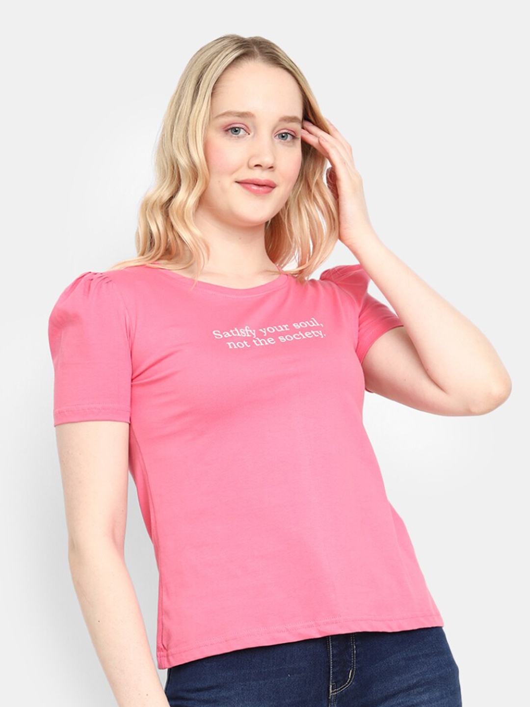 

V-Mart Typography Printed Puff Sleeve Cotton T-shirt, Pink