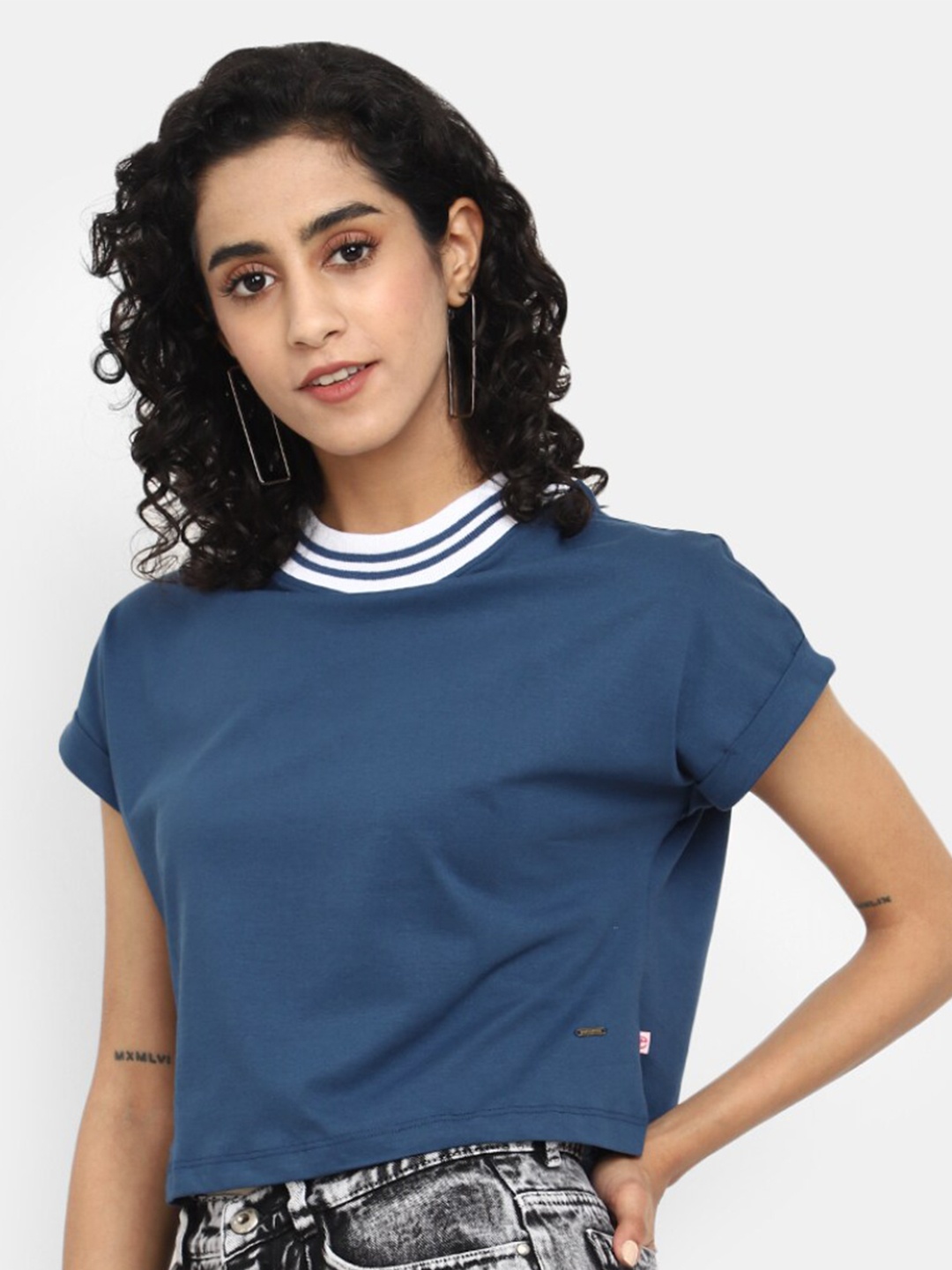 

V-Mart Extended Sleeves Boxy Cotton T-shirt, Blue