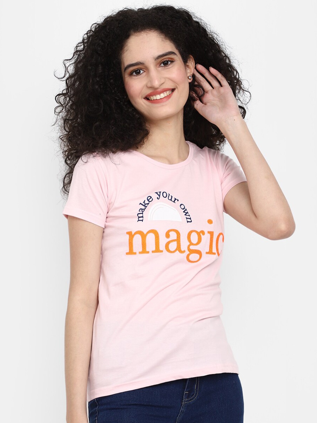 

V-Mart Typography Printed Round Neck Cotton T-shirt, Pink