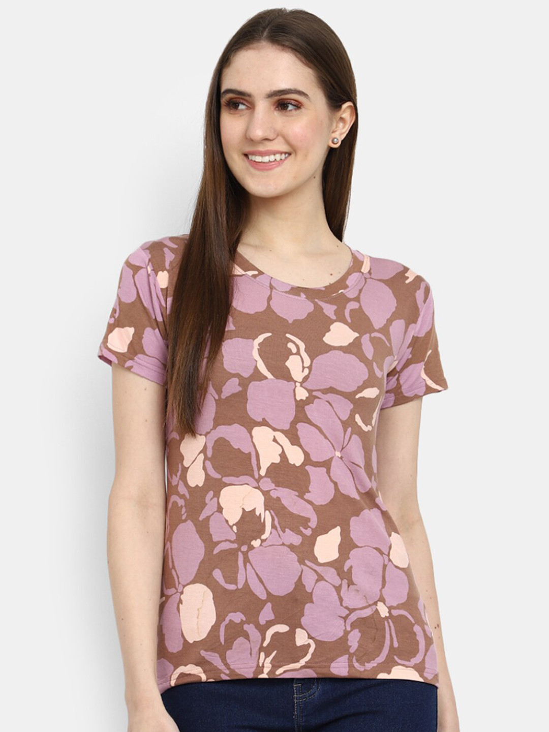 

V-Mart Floral Printed Cotton T-shirt, Brown