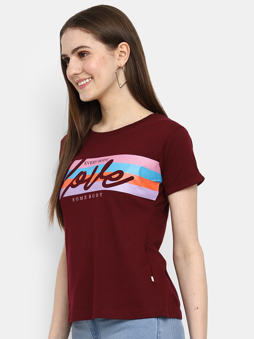 

V-Mart Typography Printed Round Neck Cotton T-shirt, Maroon