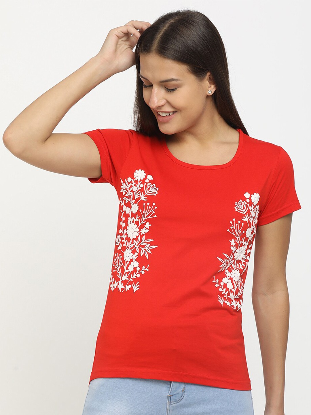 

V-Mart Floral Printed Cotton T-shirt, Red