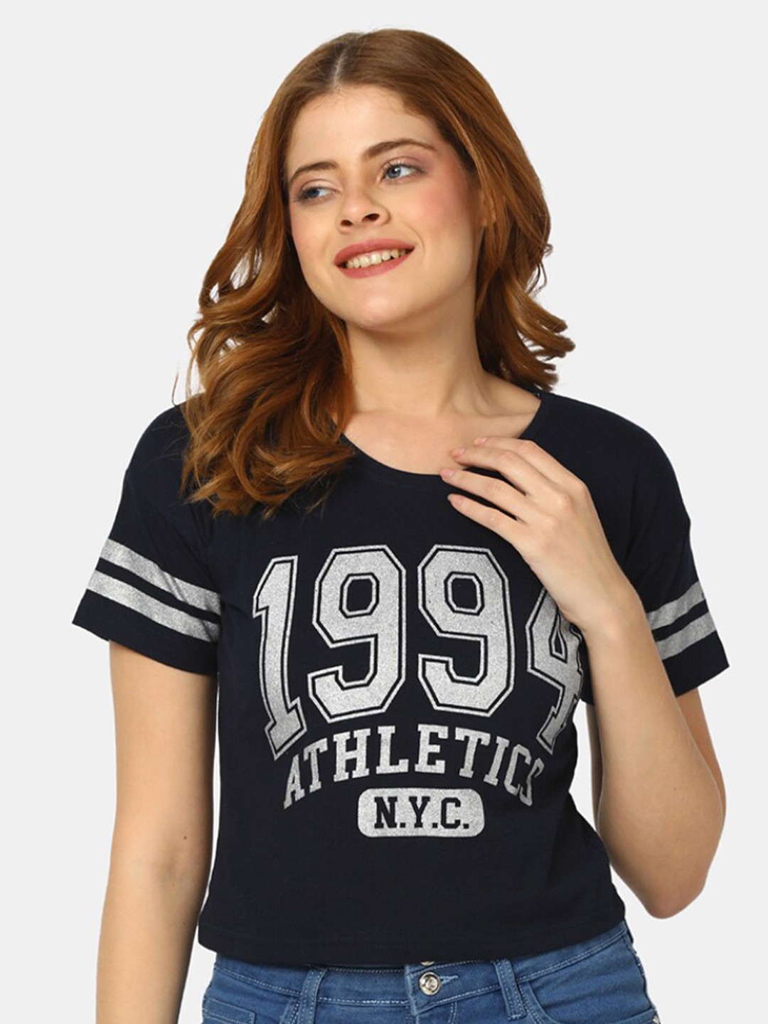 

V-Mart Typography Printed Cotton T-shirt, Navy blue