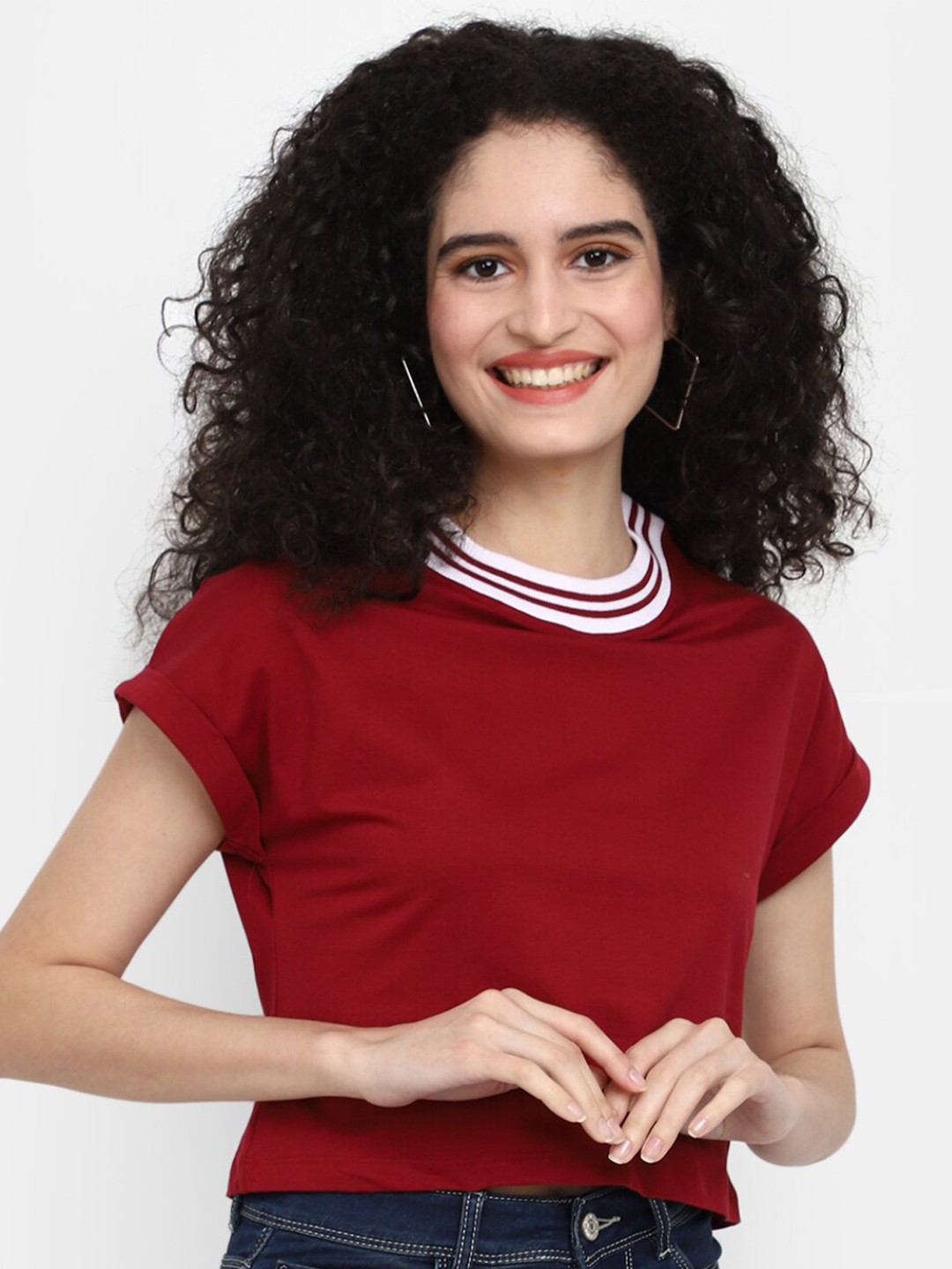 

V-Mart High Neck Oversized Cotton Crop T-shirt, Maroon