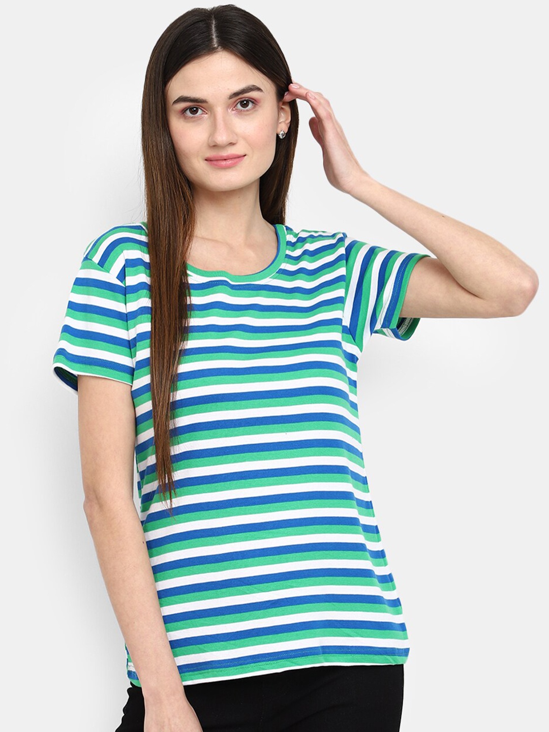 

V-Mart Women Blue Striped V-Neck Extended Sleeves Pockets T-shirt