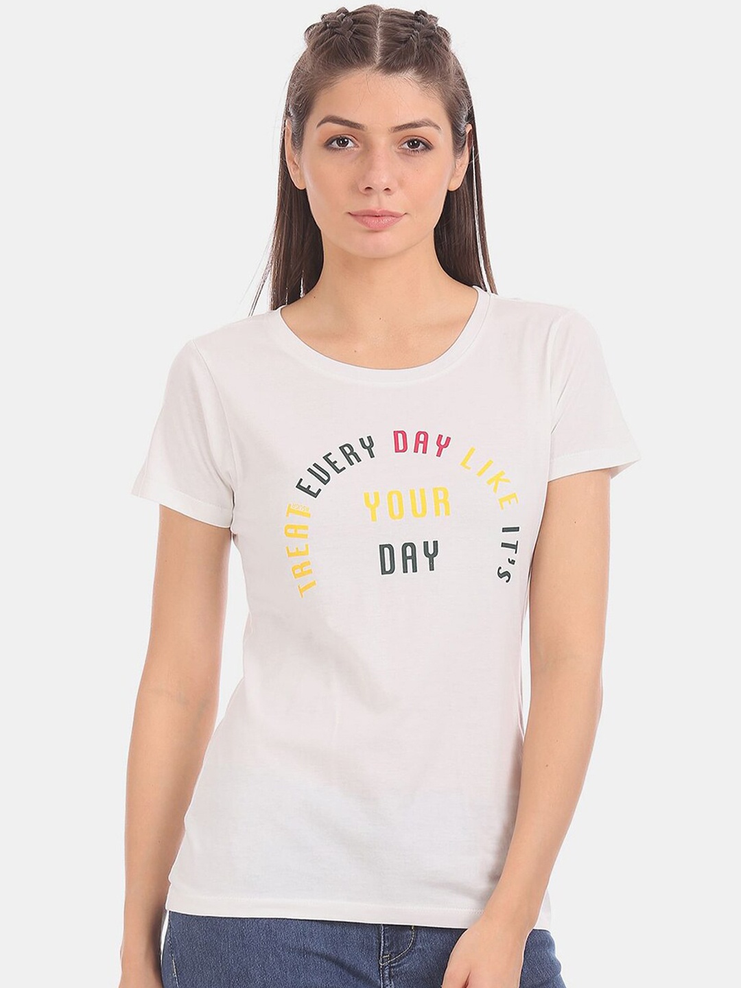 

V-Mart Typography Printed Round Neck Cotton T-shirt, White