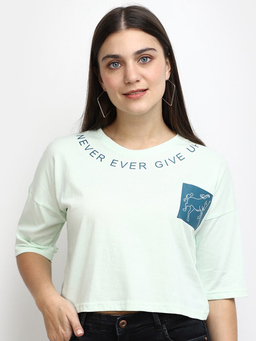 

V-Mart Typography Printed Drop Shoulder Sleeves Cotton Crop T-shirt, Green