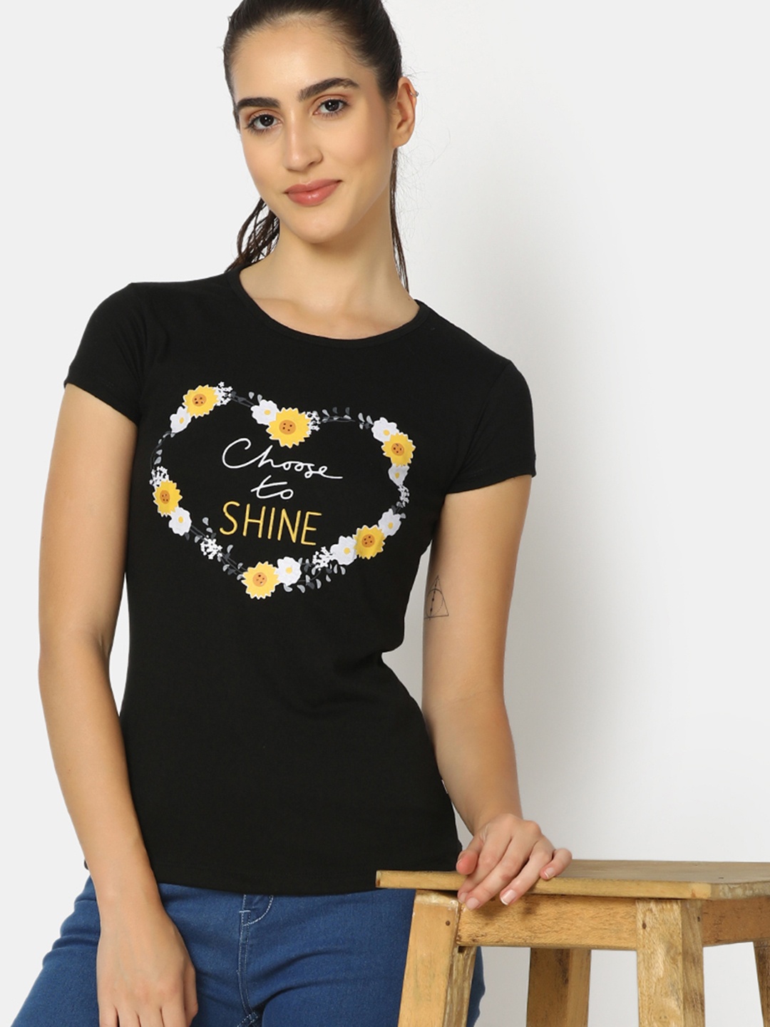 

V-Mart Women Black Typography Printed Applique T-shirt